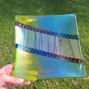 Signed Paula Radke iridescent dichroic glass trinket tray RARE master glassmaker